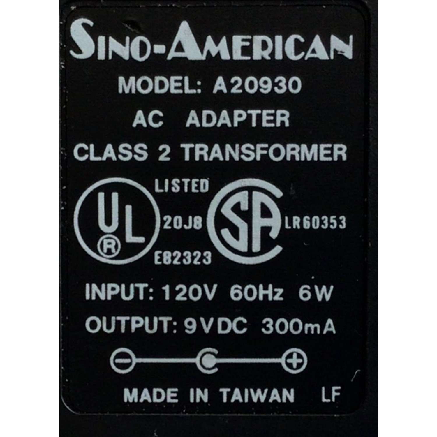 CARGADOR / ADAPTADOR DE FUENTE DE ALIMENTACION SINO-AMERICAN / VCA-VCD / NUMERO DE PARTE A20930 / E82323 / LR60353 / ENTRADA VCA 120V 60HZ 6W / SALIDA VCD 9V 300MA / MODELO A20930 - Imagen 4